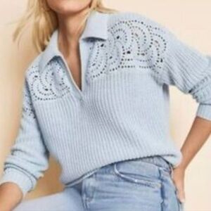 Chucky Knit Loft Light Blue Women's Sweater With Collar Amd Chest Details